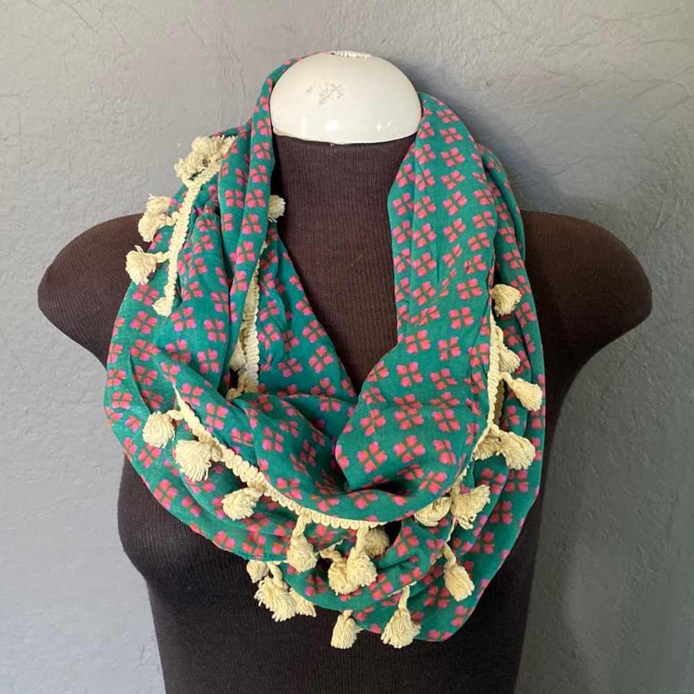 Boho Pom Pom Colorful Infinity Scarf Bohemian Festival